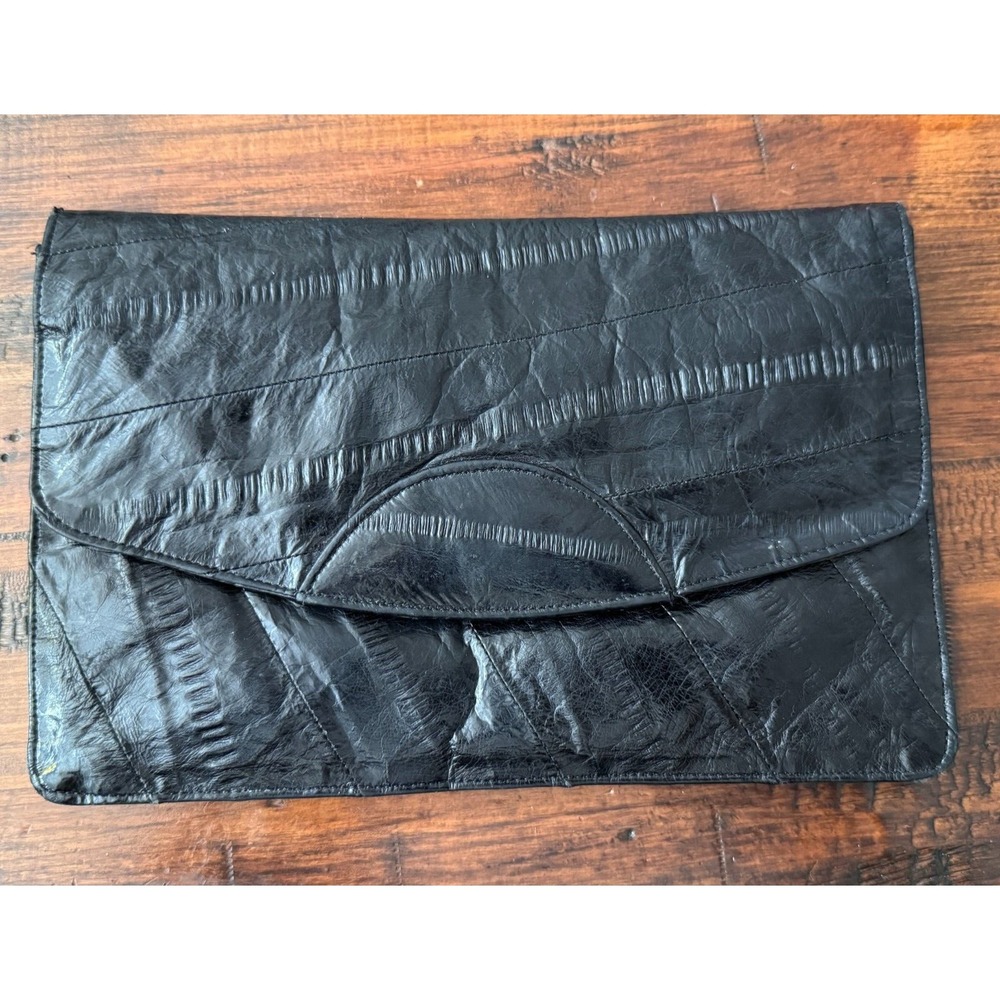 Vintage Black Genuine Eel Leather‎ Clutch Purse 3 Compartments Women Royal Hock